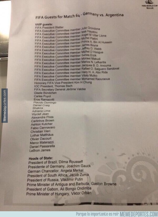361657 - Ésta es la lista de invitados de la FIFA para la final
