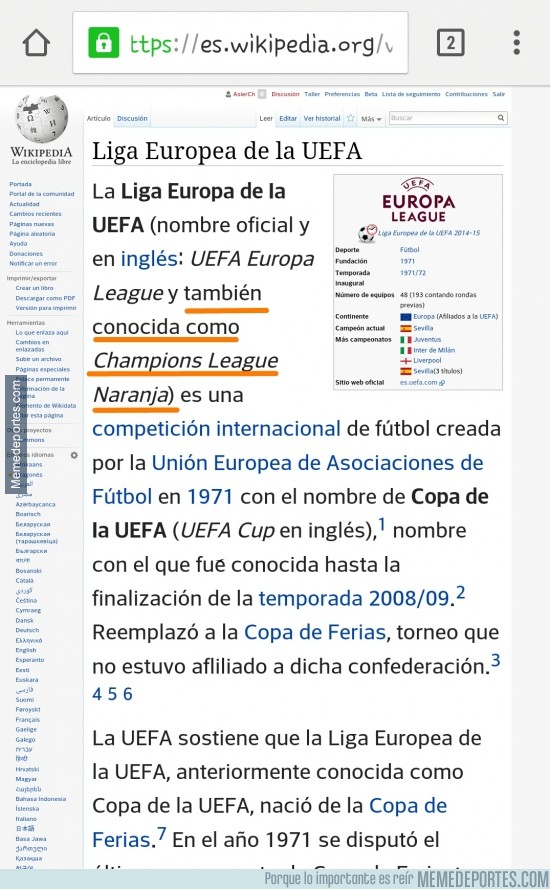 423548 - Memedeportes popularizando la Champions League Naranja, ya ha llegado a Wikipedia