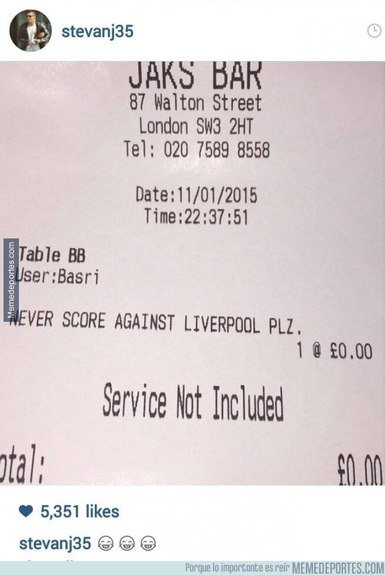 434536 - Un camarero fan del Liverpool invitó a Jovetic y le dejó este mensaje
