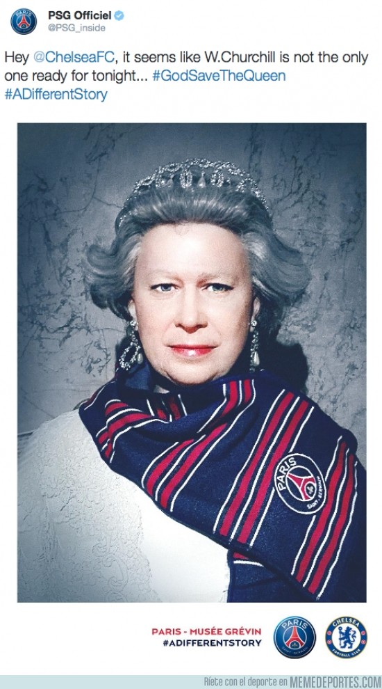 450216 - El PSG trolleando al Chelsea poniéndole su bufanda a la reina de Inglaterra