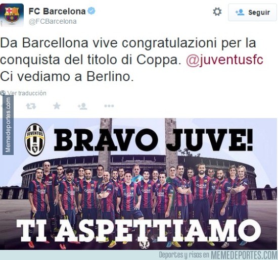 556999 - La Juventus los felicitó en catalán por la Liga, ellos los felicitan en italiano por la Coppa