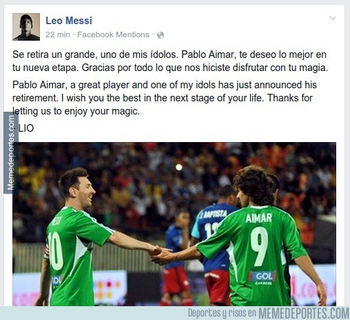 624959 - Messi dedica su saludo ante el anuncio de retirada de Aimar