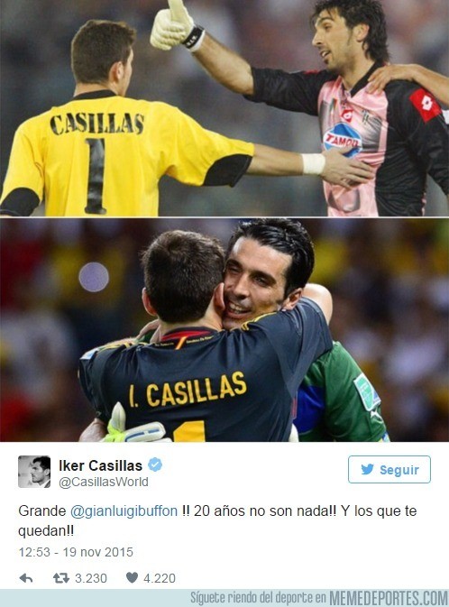 736620 - Iker Casillas felicitó a Buffon en su vigésimo aniversario como futbolista profesional