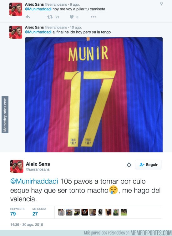 902937 - El drama del aficionado del Barça que se compró la camiseta de Munir días antes de fichar por el VCF