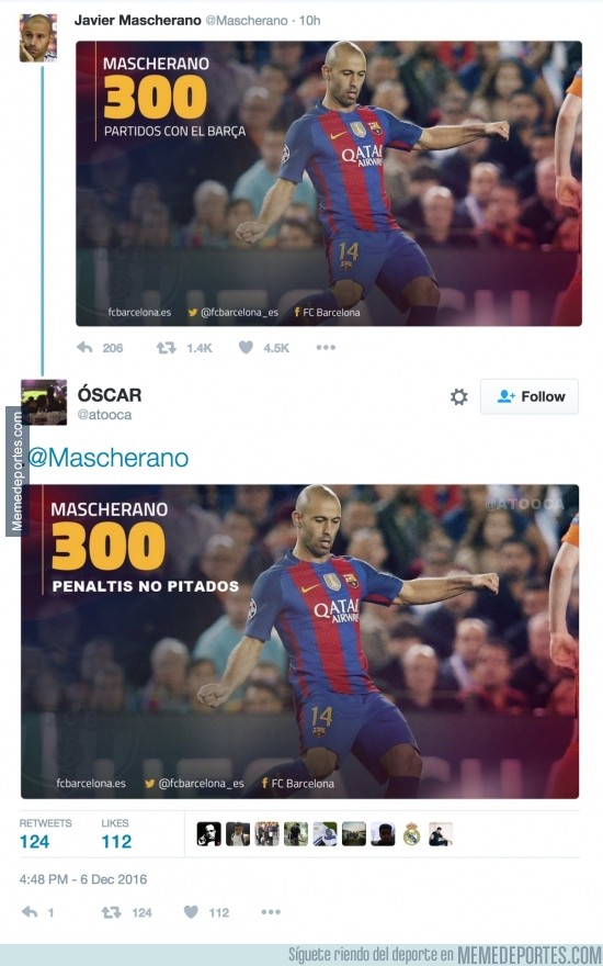 930619 - La genial corrección de un aficionado a este tweet de Mascherano