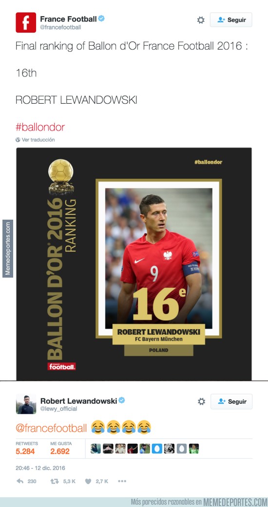 932334 - La respuesta de Lewandowski al ver que France Football le ha puesto en la 16º posición del BdO