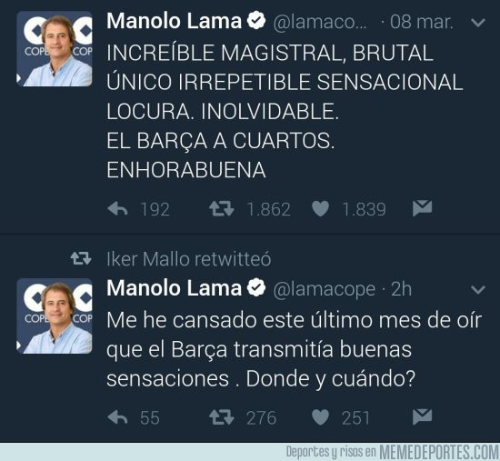 966690 - Ridículo máximo: Manolo Lama se retrata el solo alabando y criticando el Barça