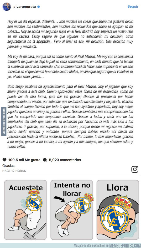 988908 - Morata se despide del Real Madrid con esta emotiva carta que hará llorar hasta a quien no lo quería