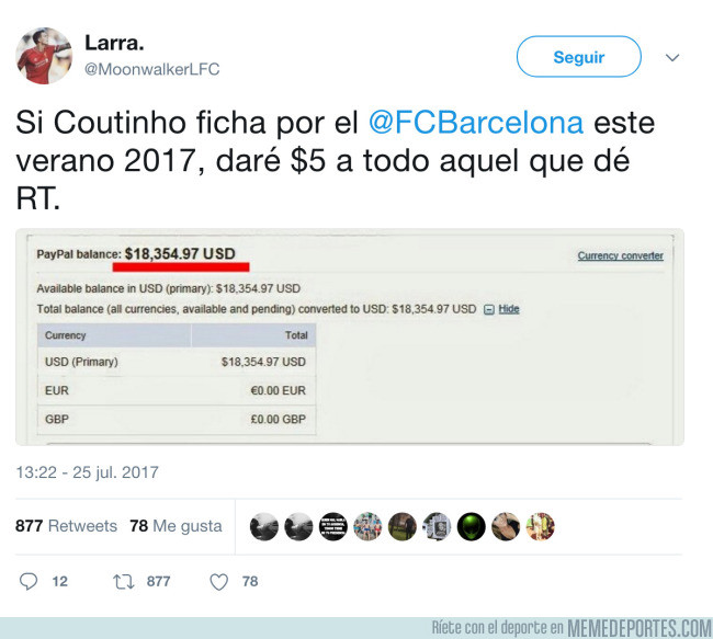 989388 - CORRED: Usuario de twitter regala dinero a los que hagan RT si Coutinho ficha por el Barça