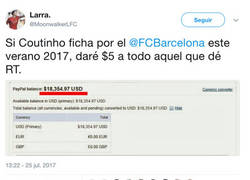 Enlace a CORRED: Usuario de twitter regala dinero a los que hagan RT si Coutinho ficha por el Barça