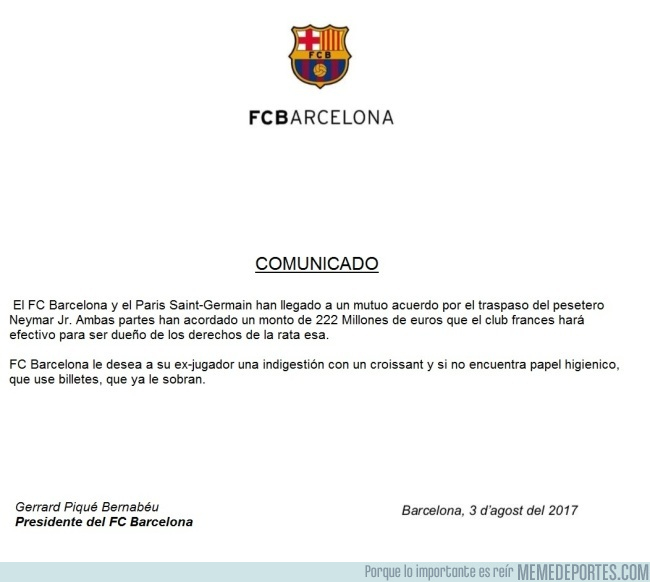 991056 - Este es el comunicado oficial real del traspaso de Neymar al PSG
