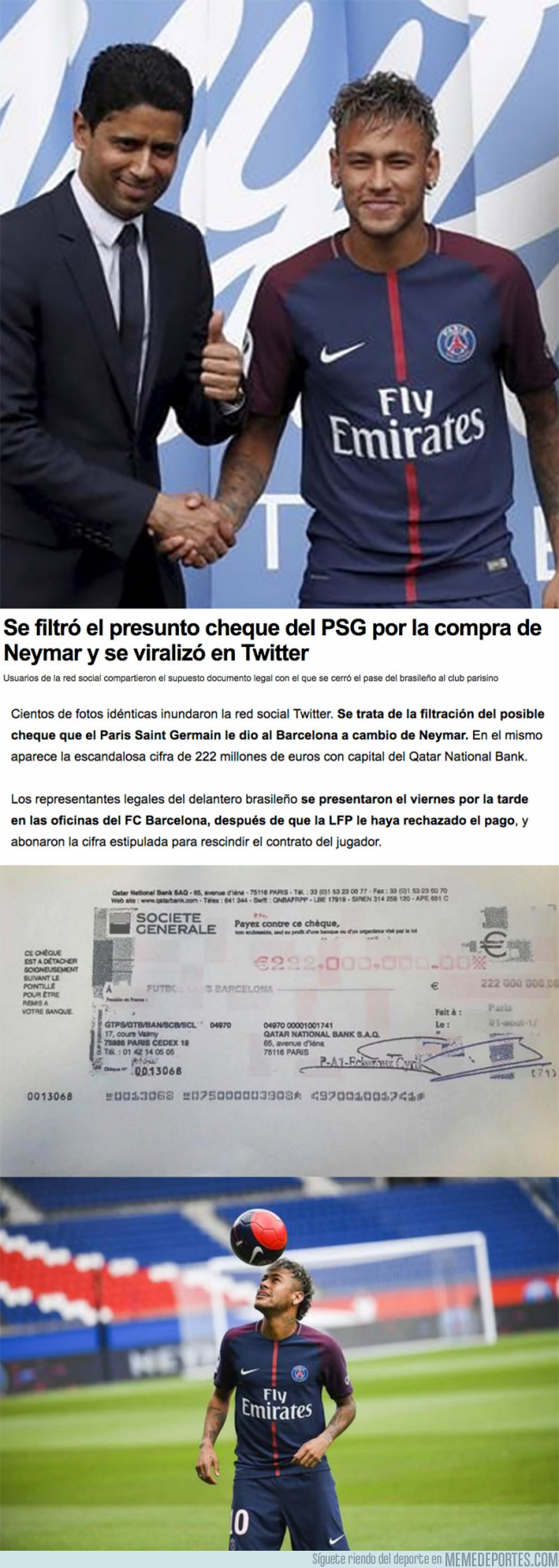 991500 - Se filtra el cheque con el que el PSG pagó 222 millones de € al Barça