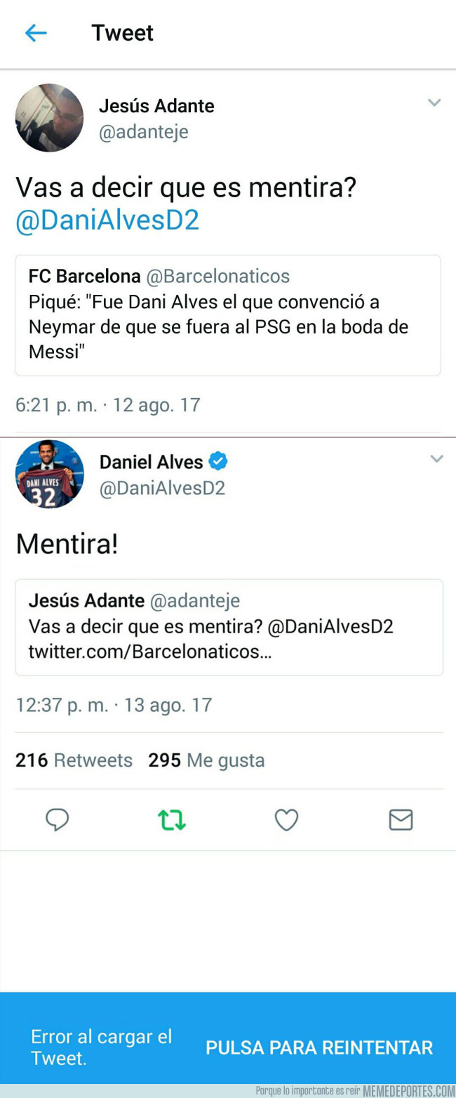 992719 - Dani Alves borra este tuit tras las declaraciones de Piqué sobre el fichaje de Neymar al PSG