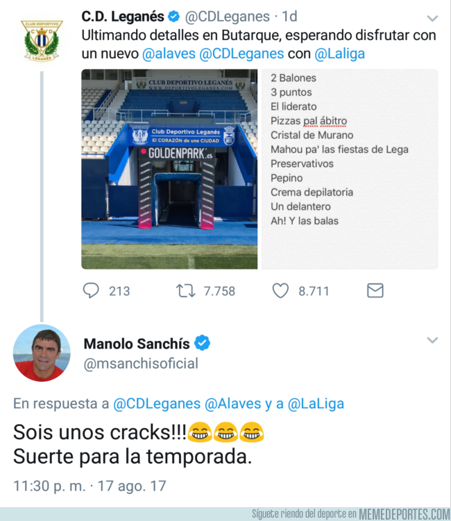 994288 - Así preparaba el Leganés su debut liguero a lo Manolo Sanchís en Twitter, con respuesta del mismo