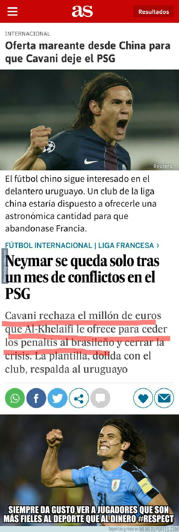 1000872 - Cavani se gana el respeto de todo el mundo del fútbol tras rechazar el vergonzoso soborno del PSG