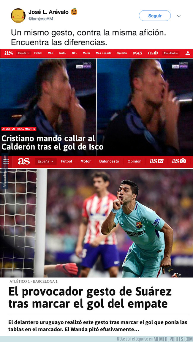 1004062 - El doble rasero del diario AS con dos gestos de Cristiano y Luis Suárez contra la misma afición