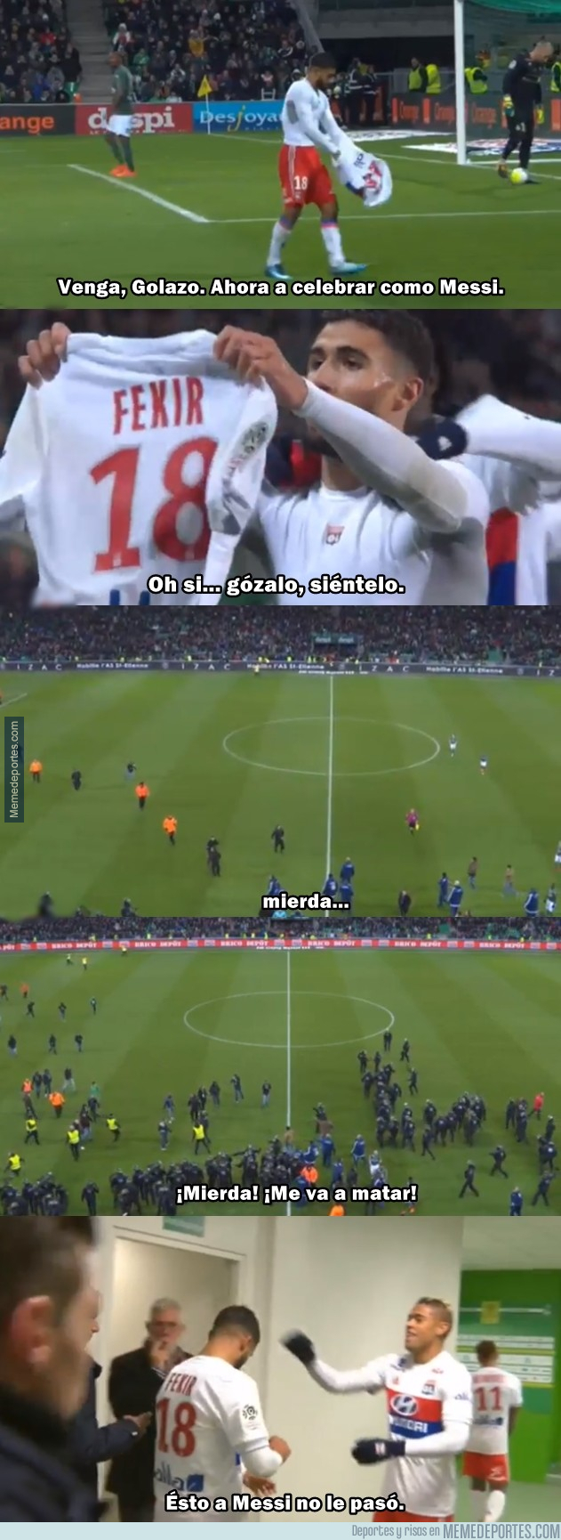 1006856 - Nabil Fekir del Lyon intentó celebrar como Messi y se le volcó el estadio encima.