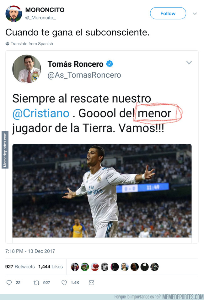 1012018 - A Roncero le puede el subsconsciente y acaba menospreciando a Cristiano en un tweet que borra después