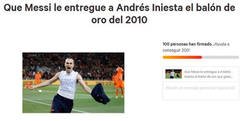 Enlace a Crean un change.org para pedir que Messi entregue el balón de oro del 2010 a Iniesta, ¿tú qué opinas?