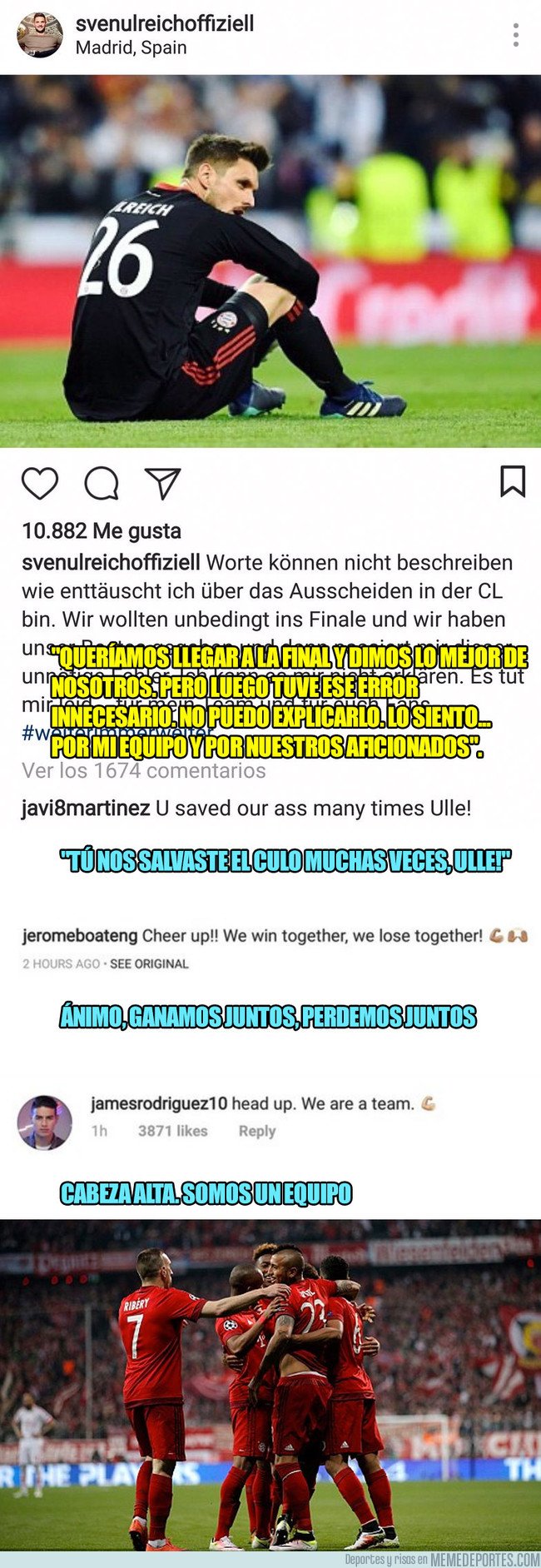 1032526 - Ulreich postea en instagram echándose la culpa de la derrota y todo el Bayern le muestra su apoyo así