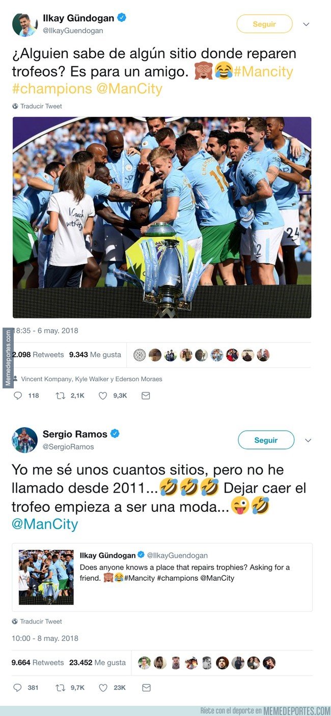 1033216 - Sergio Ramos hace cachondeo del trofeo del City que cayó al suelo. #tbt