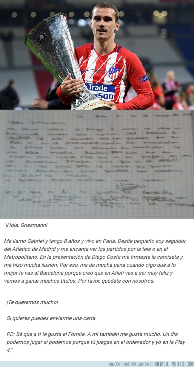 1034543 - La emotiva carta de un niño a Griezmann para pedirle que se quede en el Atlético