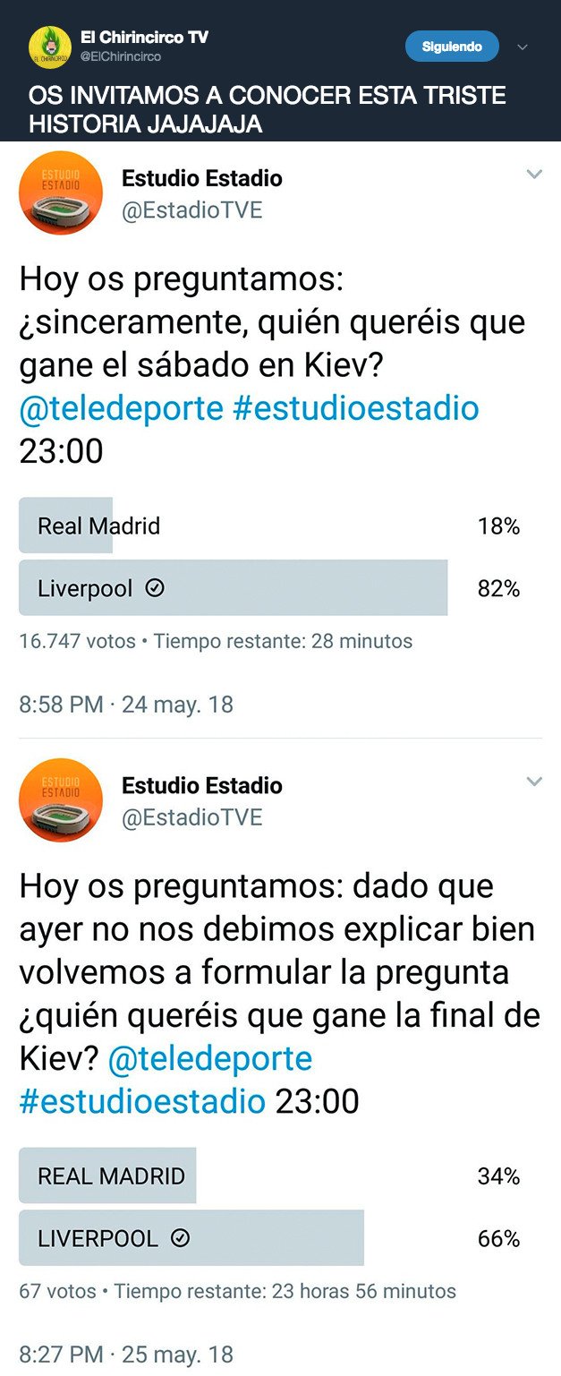 1034982 - 'Estudio Estadio' hace el mayor de los ridículos con estas dos encuestas horas antes de la final de Champions del Real Madrid vs Liverpool