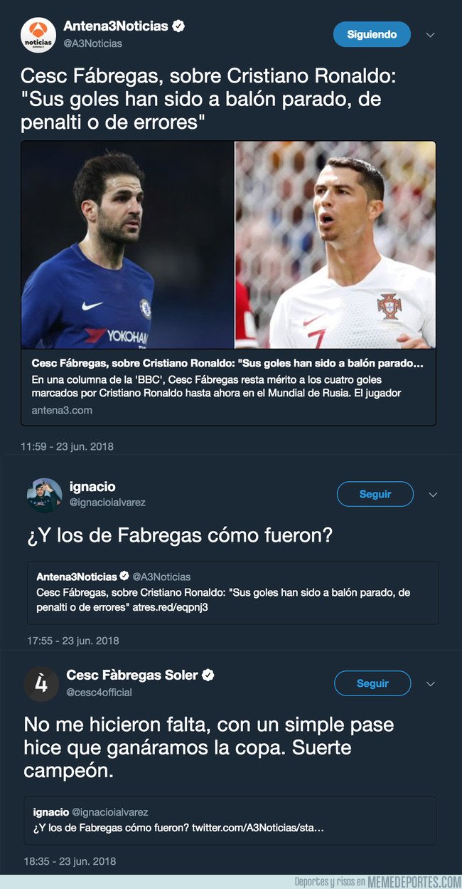 1040110 - El zas brutal de Cesc Fábregas a un aficionado que le atacó por decir que Cristiano solo mete 'goles de penalti o errores'