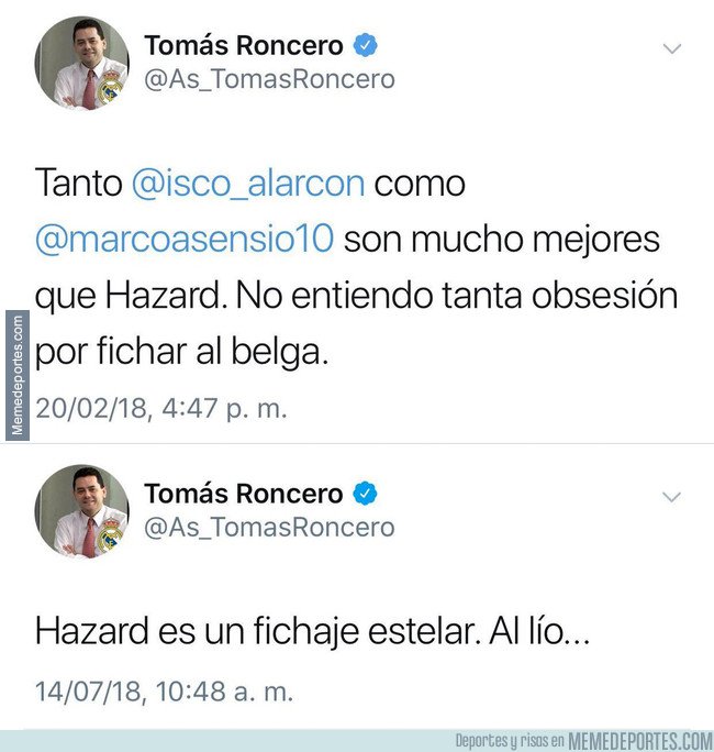 1045107 - Tomás Roncero queda en evidencia tras salir a la luz un tuit suyo sobre lo que pensaba de Hazard hace pocos meses