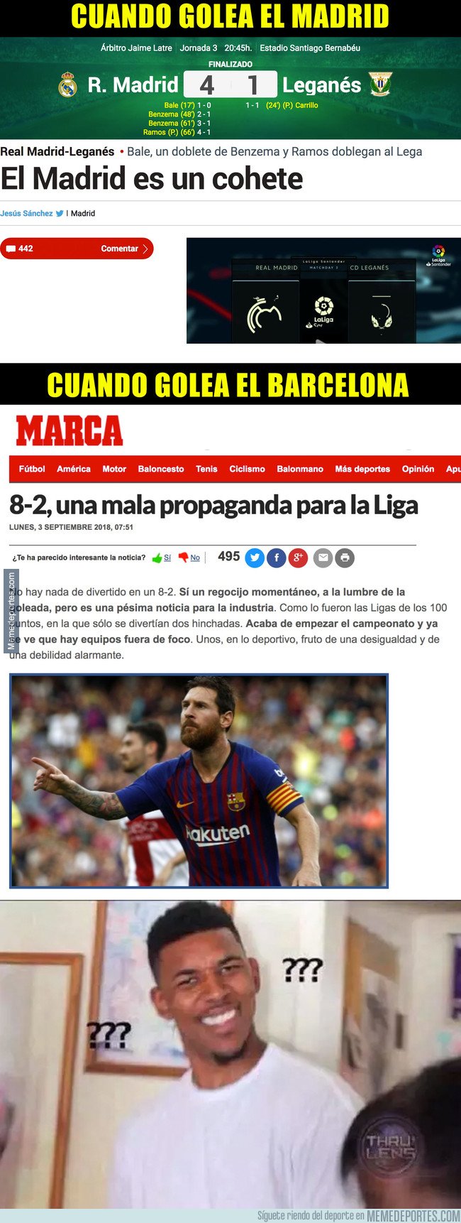 1049462 - El increíble doble rasero de Marca en sus titulares cuando golea el Madrid y cuando golea el Barcelona
