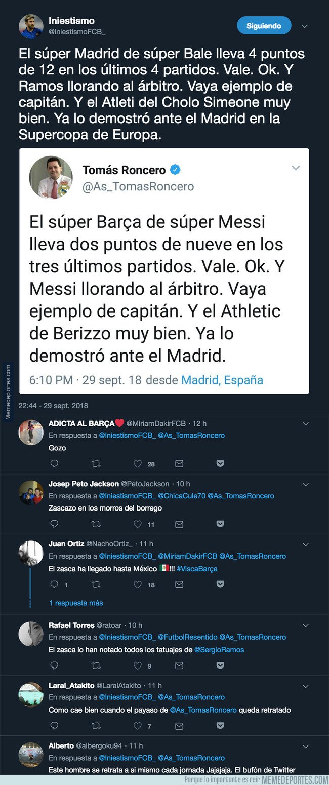 1051877 - El tuitero @IniestismoFCB_ deja retratado por completo a Tomás Roncero al menospreciar al Barça de Messi