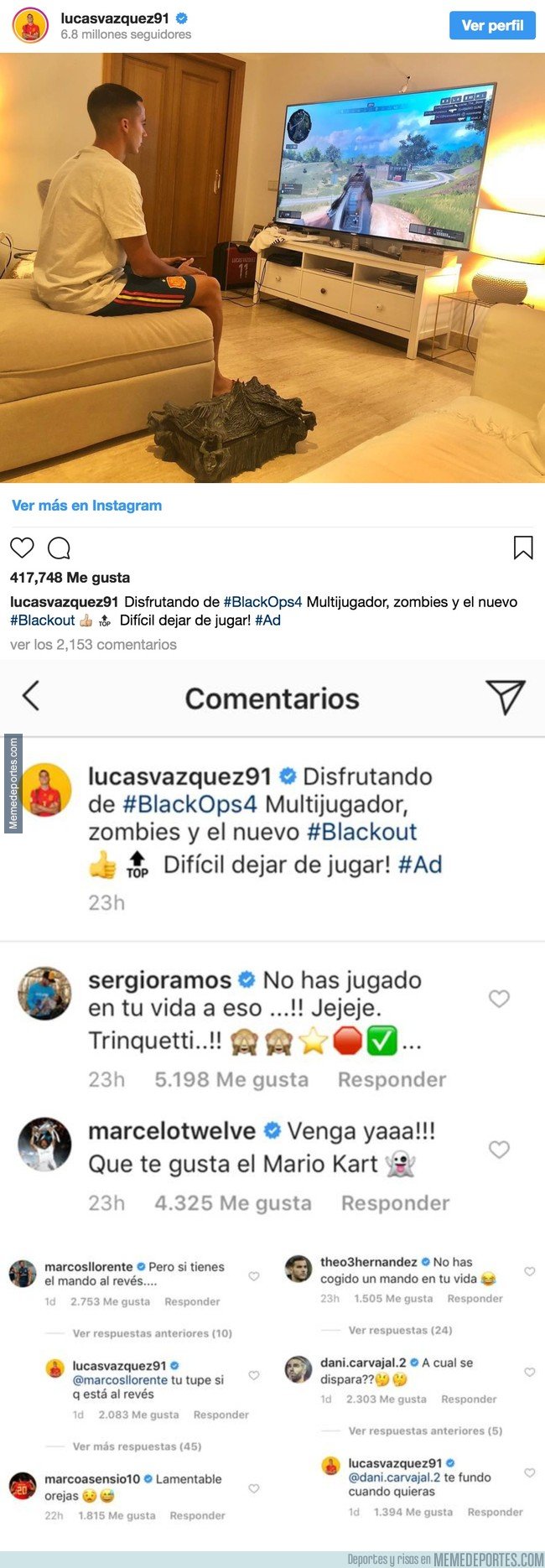 1053551 - Medio Real Madrid se ríe de Lucas Vázquez por esta foto que sube a insta haciéndose el gamer