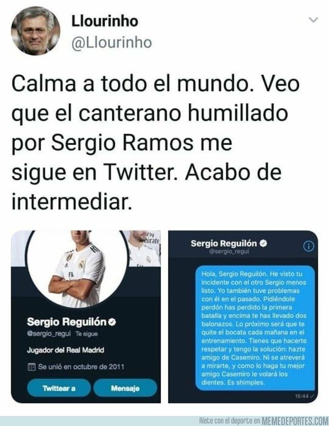 1053973 - La cuenta de @Llourinho se da cuenta que Reguilón le sigue en Twitter y decide intervenir en el conflicto entre él y Ramos