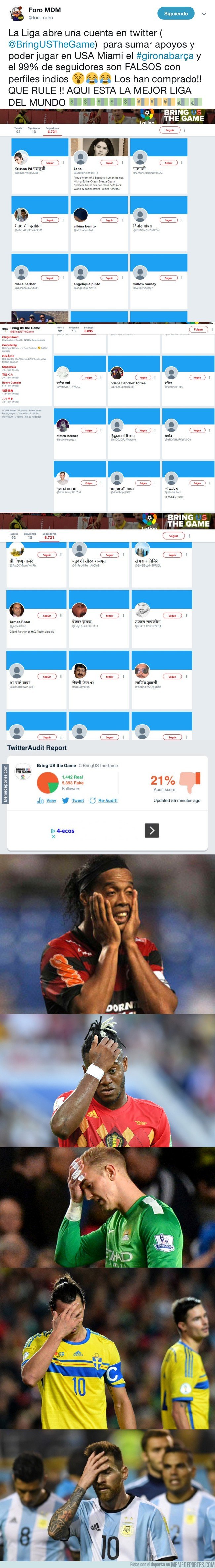 1056438 - La Liga abre una cuenta en twitter para sumar apoyos y poder jugar en USA Miami el #gironabarça y el 99% de seguidores son FALSOS