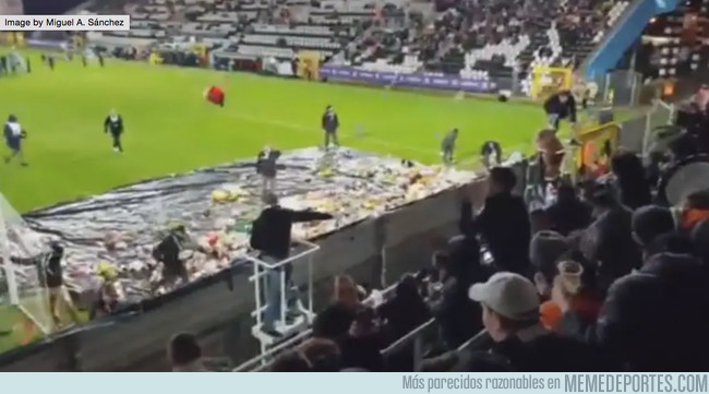 1057986 - Aficionados belgas lanzan peluches al estadio en una tierna campaña solidaria