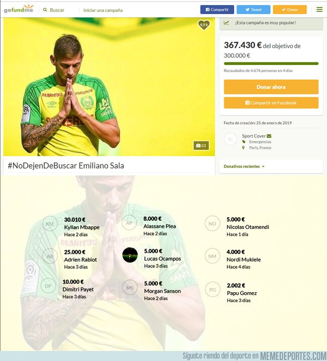 1062930 - RESPETO - Jugadores de todo el mundo realizan donaciones para que la búsqueda de Emiliano Sala continúe