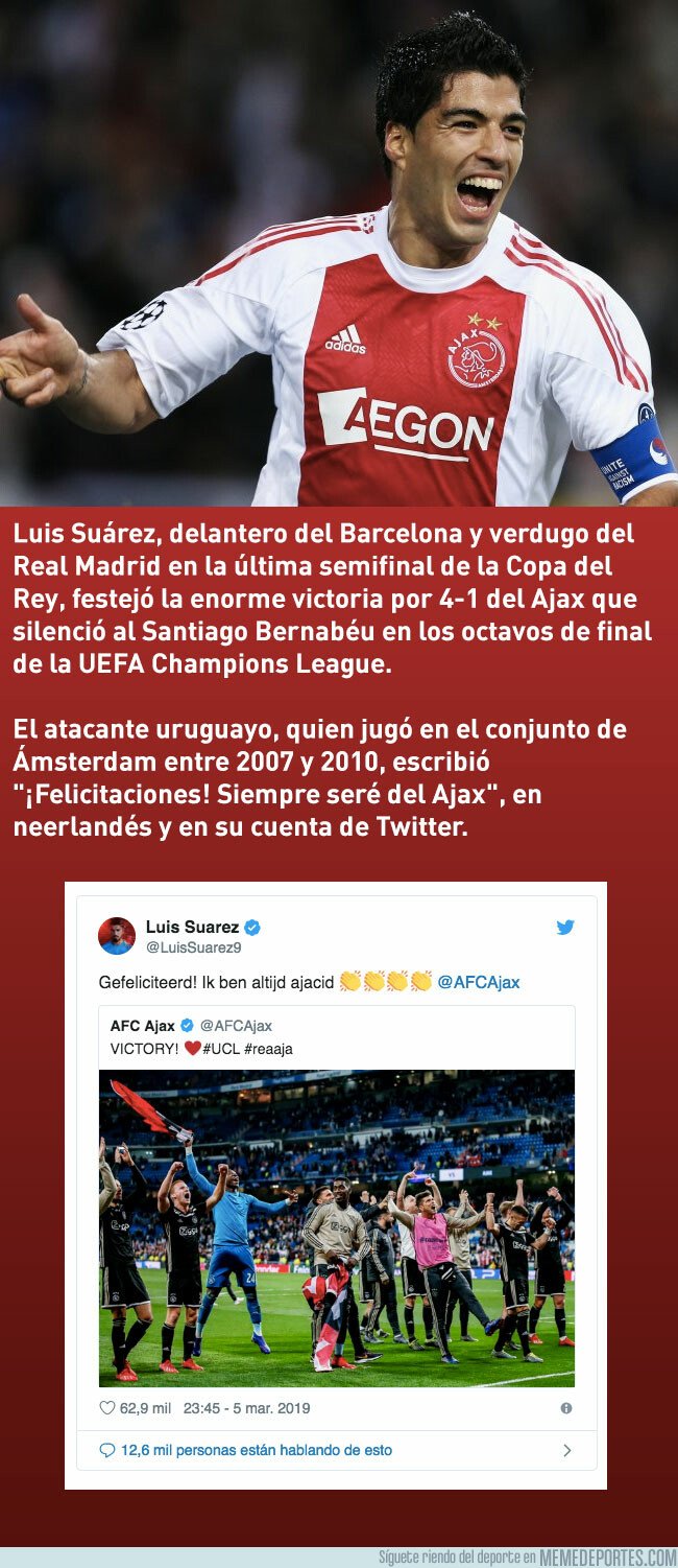 1067043 - Luis Suárez celebró la victoria del Ajax ante el Madrid