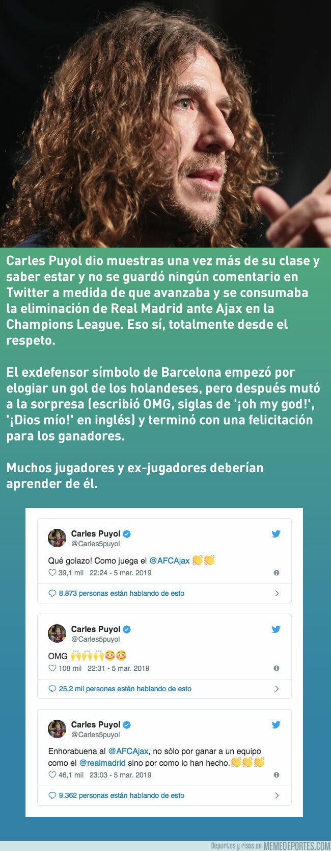 1067044 - Puyol se despachó en Twitter durante Real Madrid-Ajax, eso sí, con total respeto