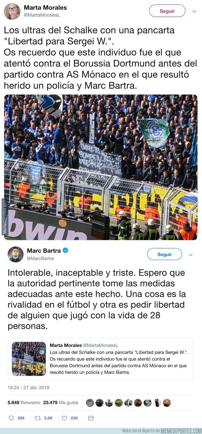 1073046 - Marc Bartra explota por una pancarta en favor del terrorista que casi acaba con su vida