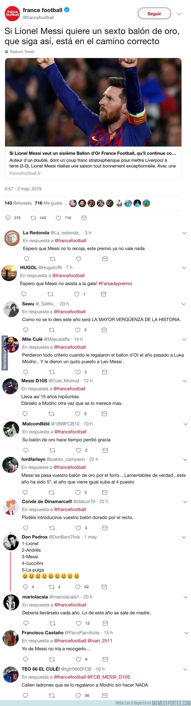 1073419 - France Football le da un consejo a Messi para ganar su sexto balón de oro y les caen hostias como panes