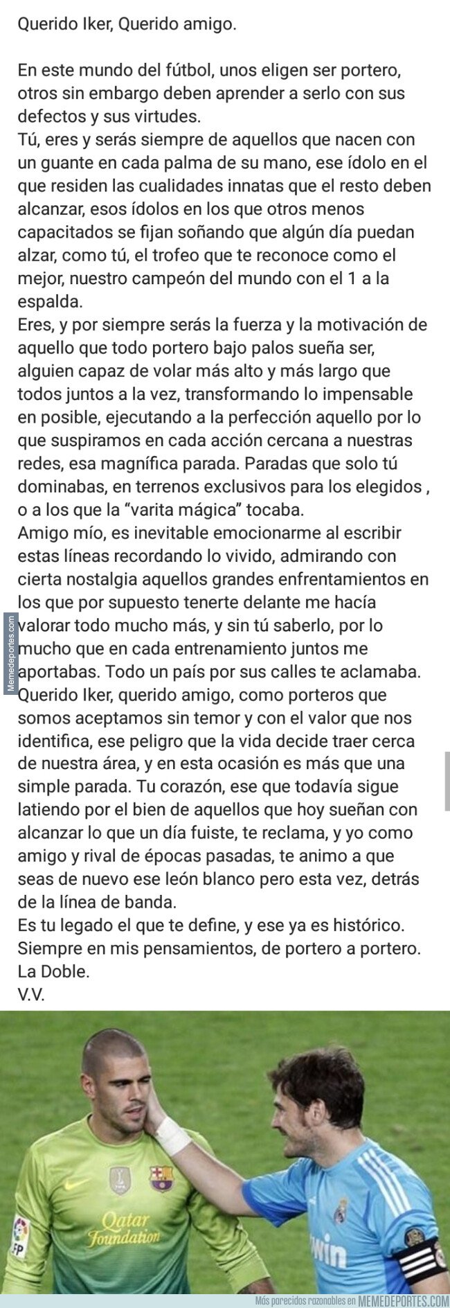 1073572 - La emotiva carta de Víctor Valdés dedicada a su compañero y amigo Iker Casillas