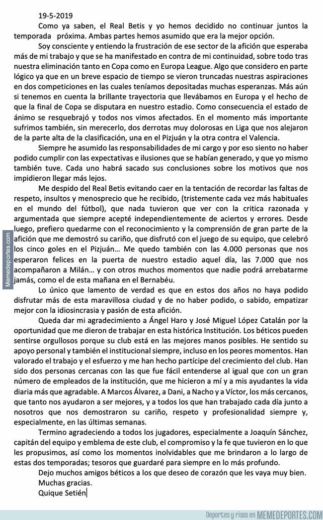 1075557 - La carta de despedida de Quique Setién que emociona y mucho a la afición bética