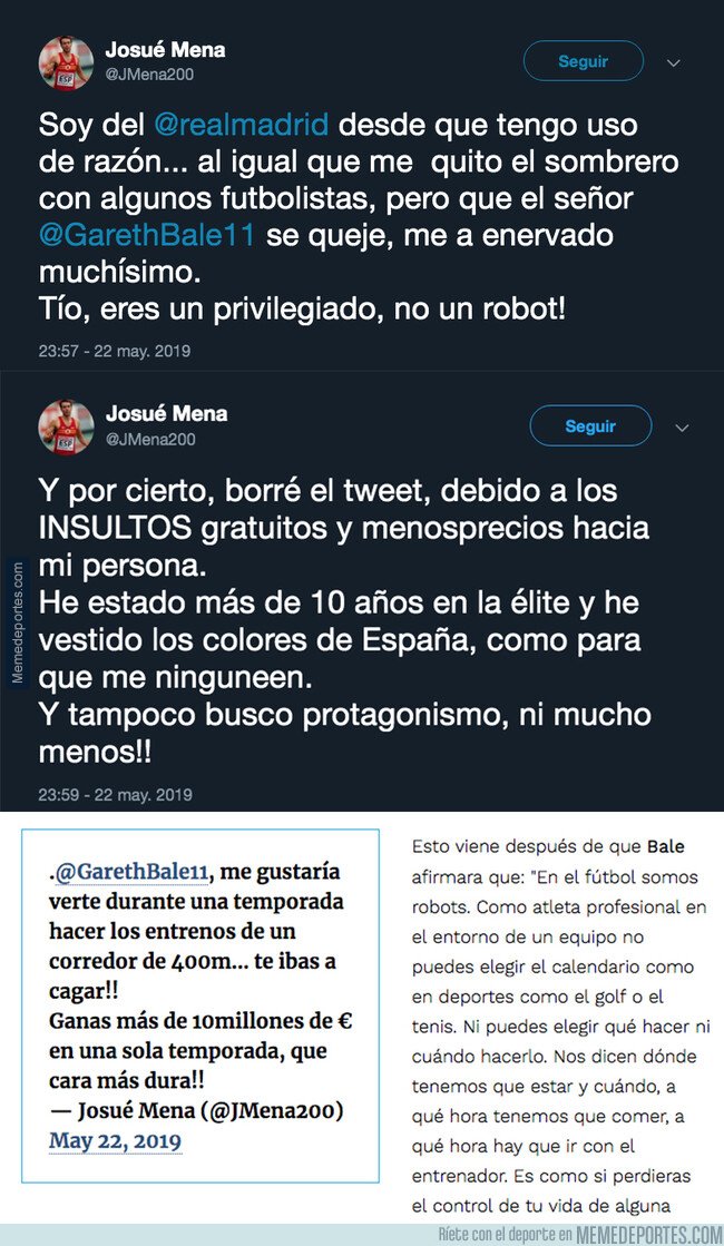 1075865 - El brutal tuit del atleta Josué Mena a Gareth Bale después de decir que se siente un robot y que ha tenido que borrar por los insultos que le han llegado