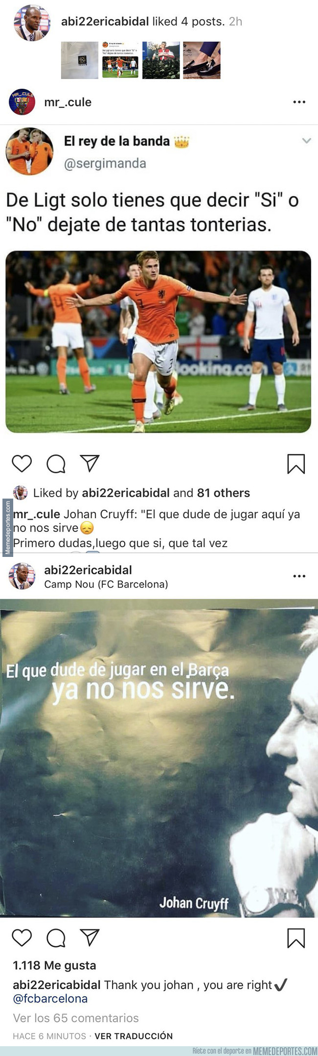 1077902 - El polémico 'like' en Instagram de Abidal sobre la decisión de De Ligt para firmar por el Barça