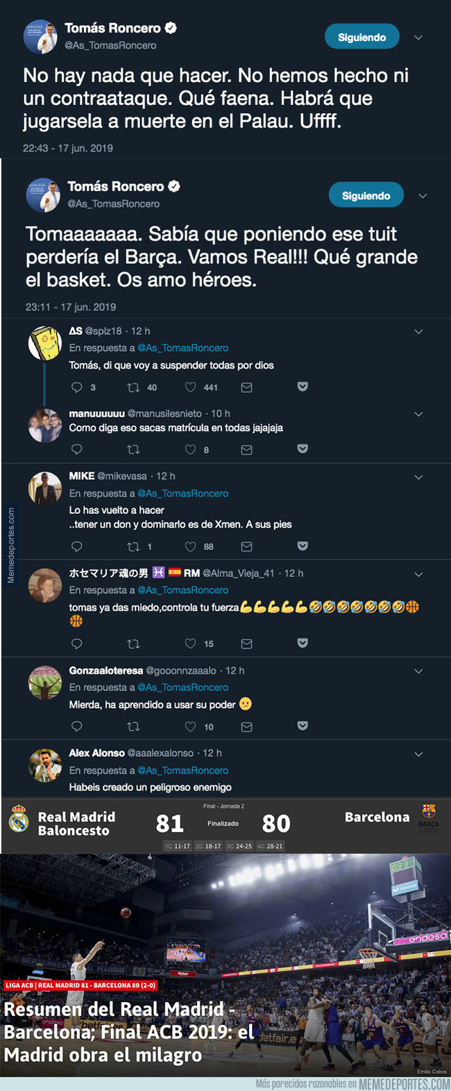 1078472 - Tomás Roncero hace que el Real Madrid de baloncesto se lleve el Clásico tras escribir este mensaje en Twitter