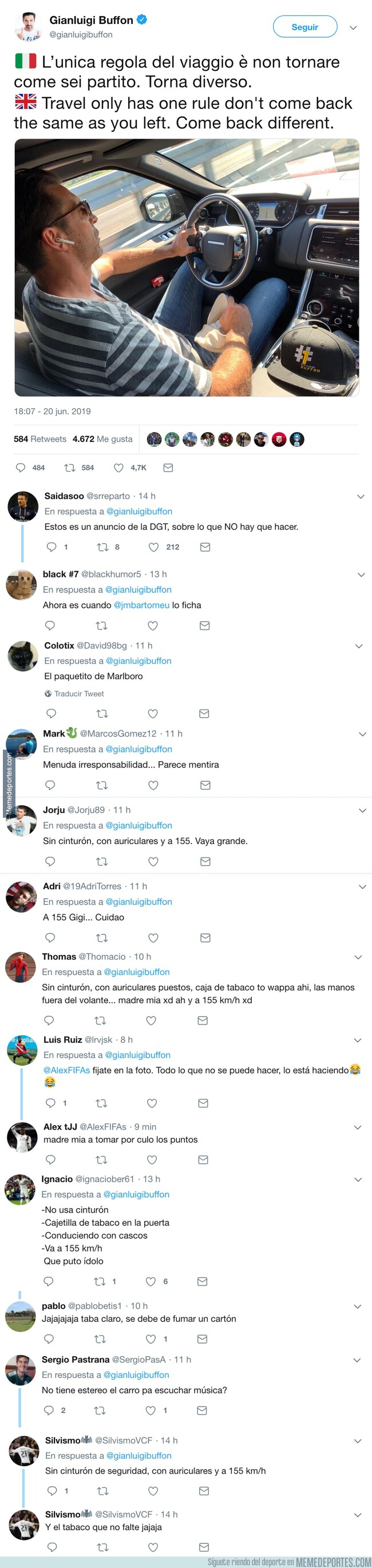 1078861 - Buffon sube una foto en su coche y parece un anuncio de la DGT de lo que no hay que hacer. TODO MAL