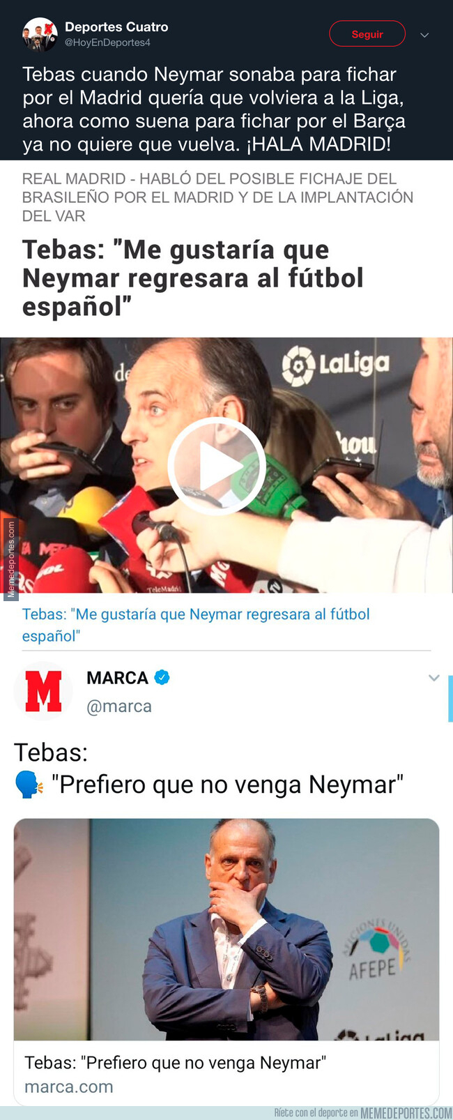 1079759 - El doble rasero de Tebas a la hora de opinar de Neymar según que equipo quiera ficharle