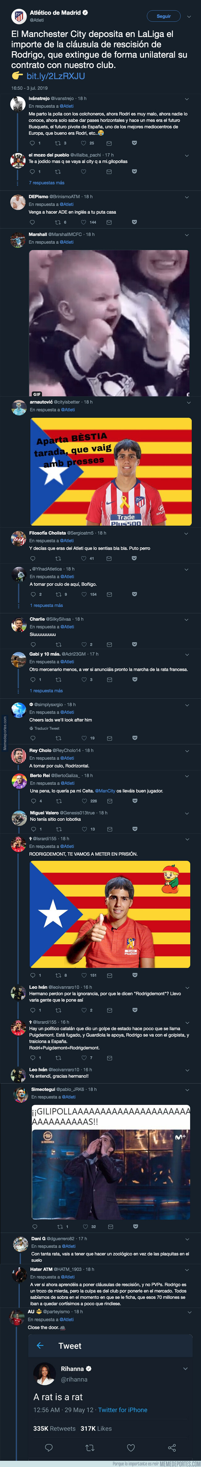1080118 - El Atleti anuncia que Rodri se va al Manchester City y todos los colchoneros no tardan en cargar duramente contra él con todos estos mensajes