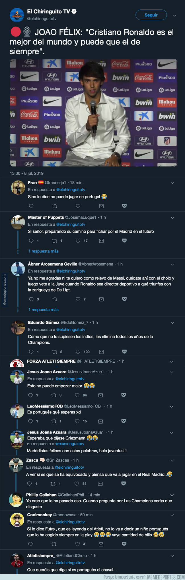 1080545 - Joao Félix, el flamante nuevo fichaje del Atleti la lía diciendo esto sobre quién es el mejor jugador del mundo