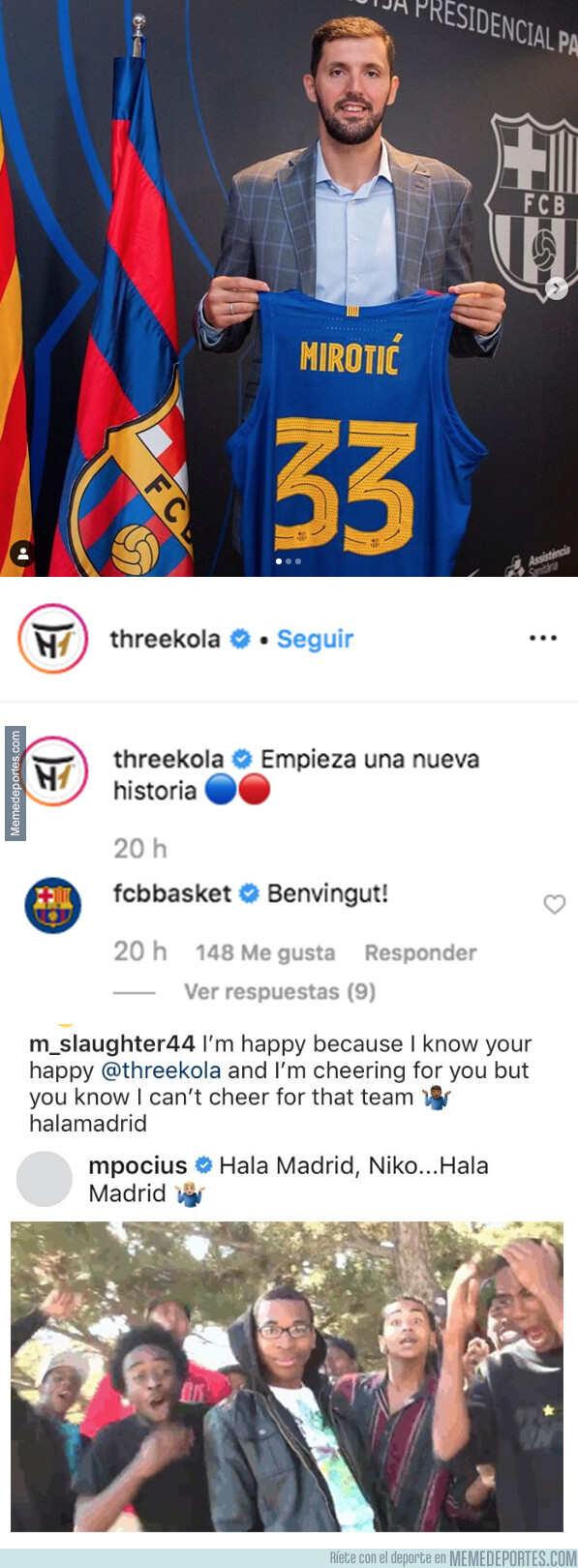 1080631 - Marcus Slaughter y Martynas Pocius le dan una lección de madridismo a Nikola Mirotic tras publicar una foto con la camiseta del Barça